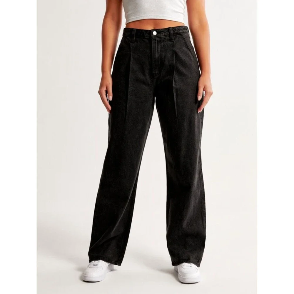 Abercrombie & Fitch The Loose High Rise Women's 24 Black Relaxed Wide Denin Jean - Picture 1 of 10